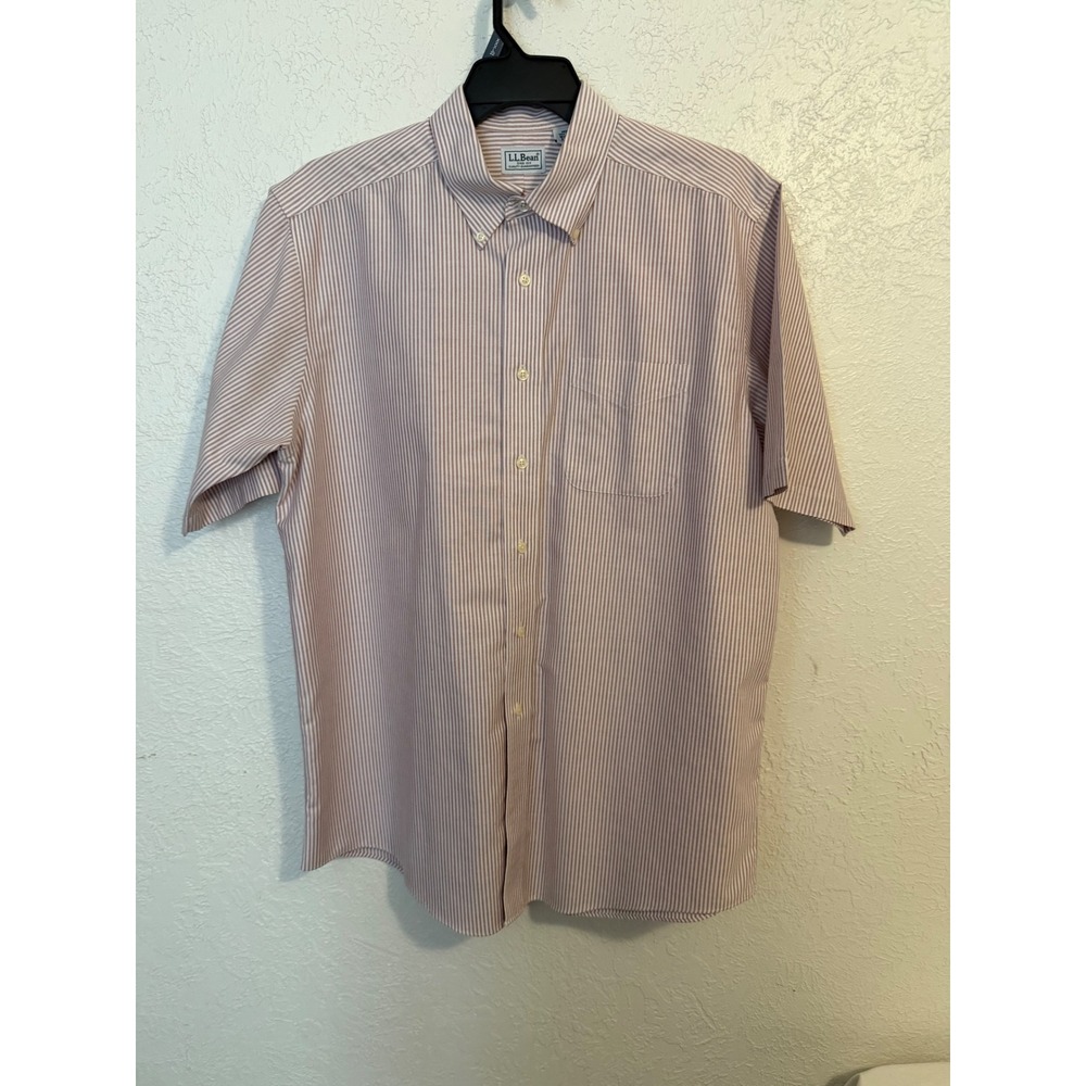 LL Bean Mens 16.5 Regular Short Sleeve Button Down Shirt Burgundy White Stripe